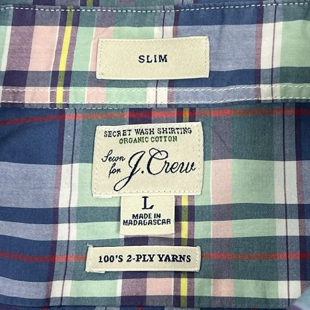 J. Crew Slim Secret Wash Blue Orange Plaid Long Sleeve Button Shirt Men’s Large